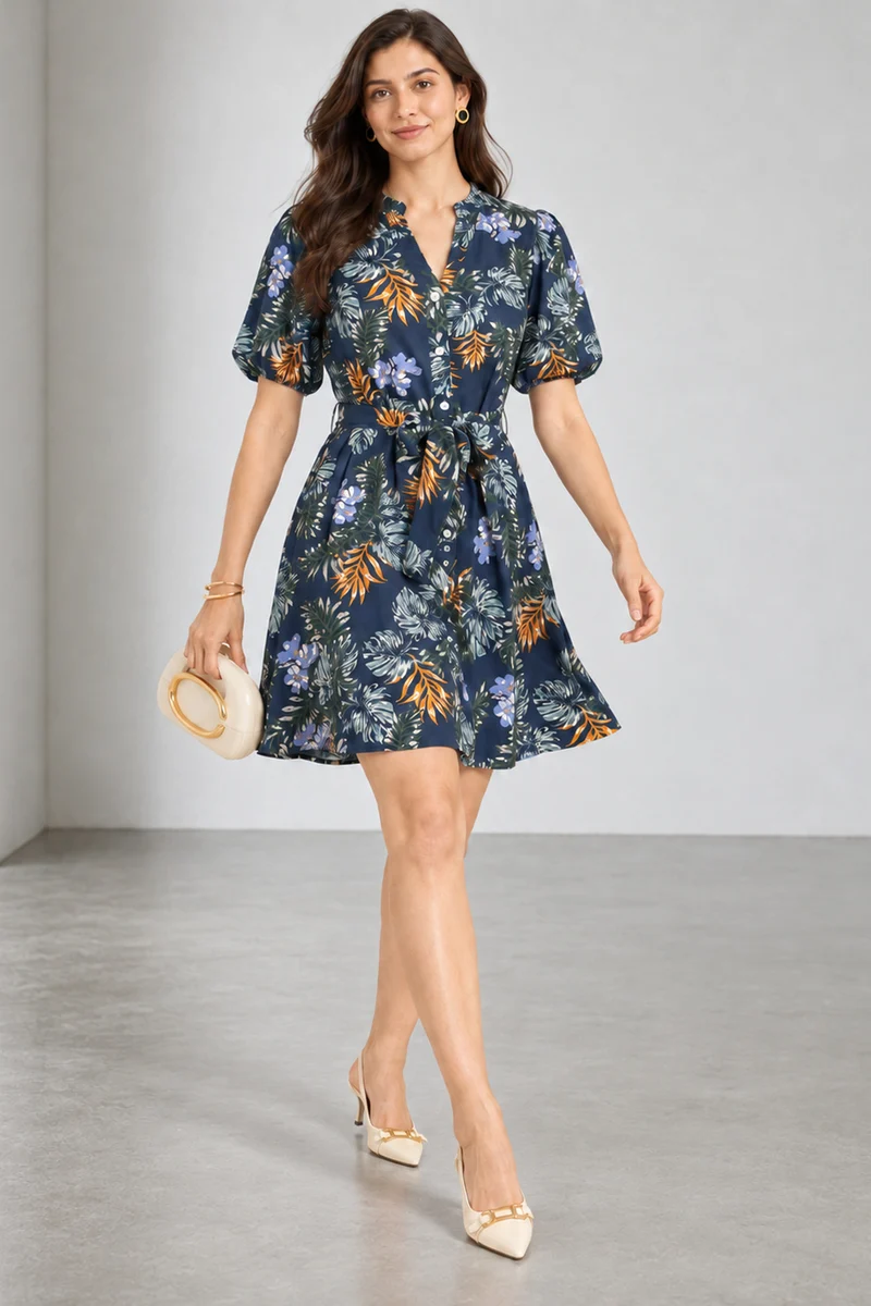Palmera|Navy Botanical Print Viscose Fit Flare Dress