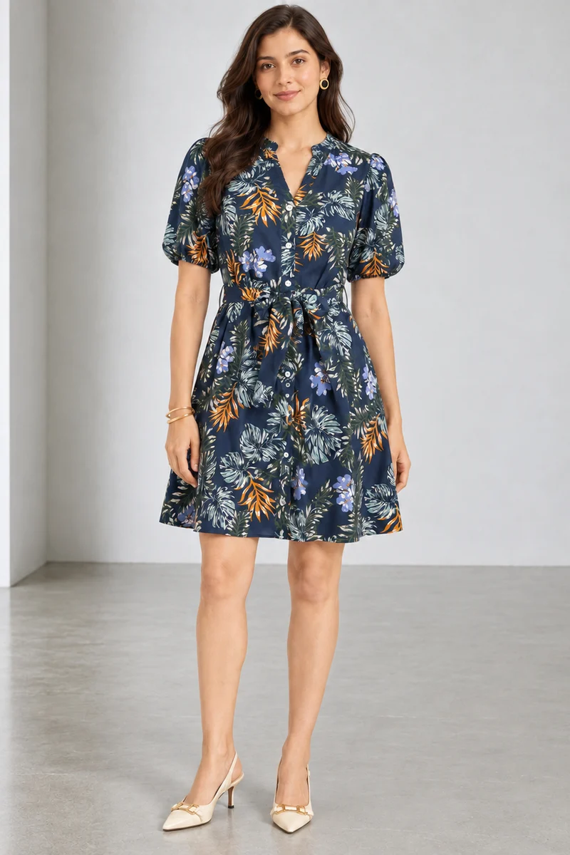 Palmera|Navy Botanical Print Viscose Fit Flare Dress