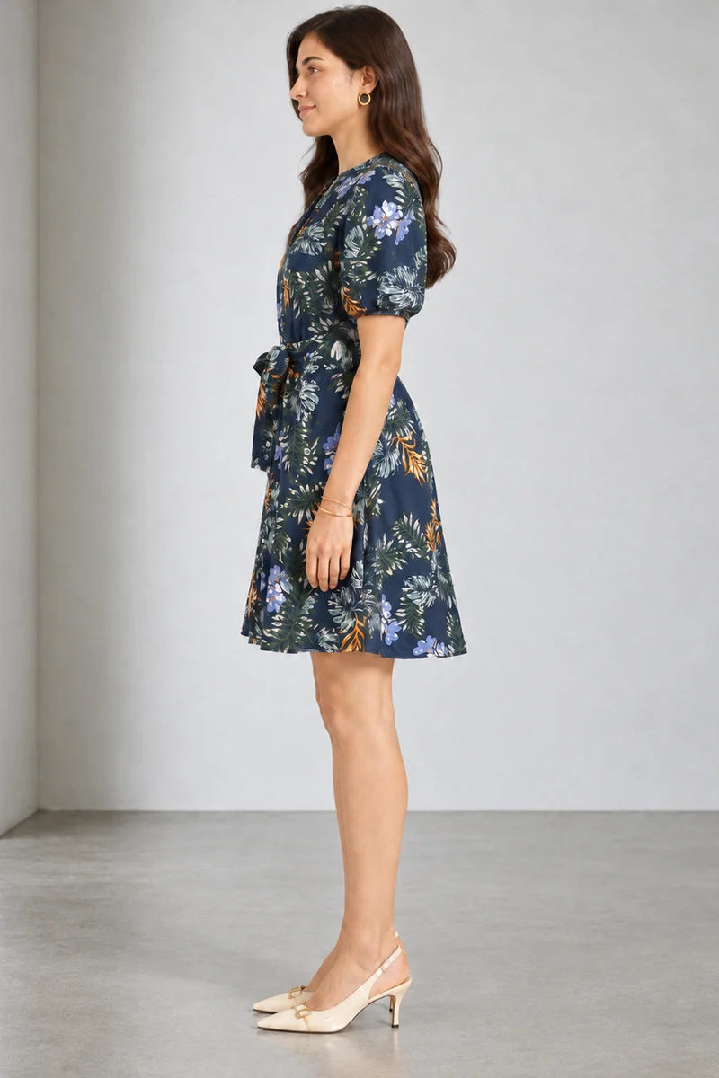 Palmera|Navy Botanical Print Viscose Fit Flare Dress