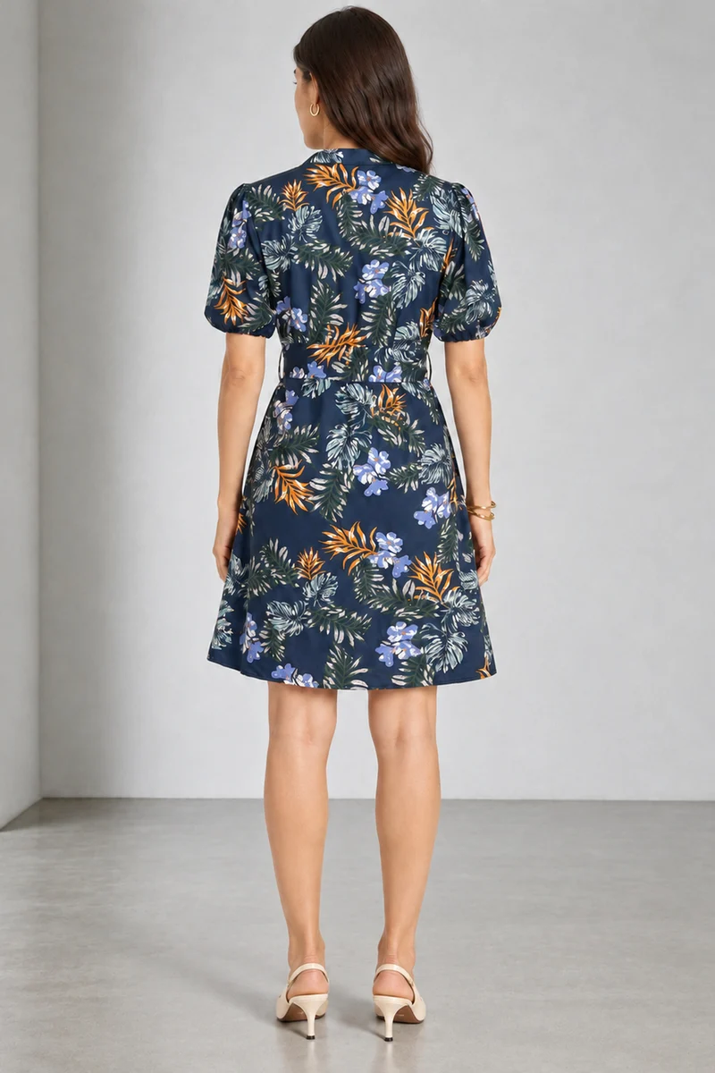 Palmera|Navy Botanical Print Viscose Fit Flare Dress