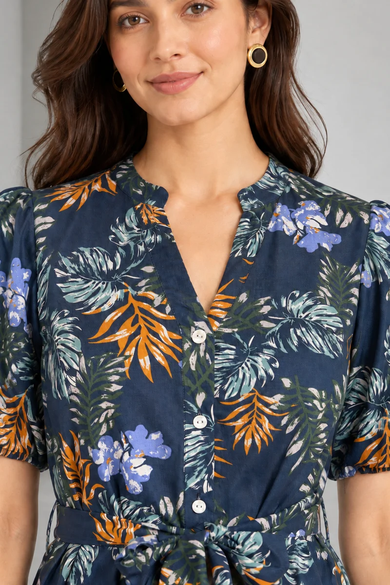 Palmera|Navy Botanical Print Viscose Fit Flare Dress