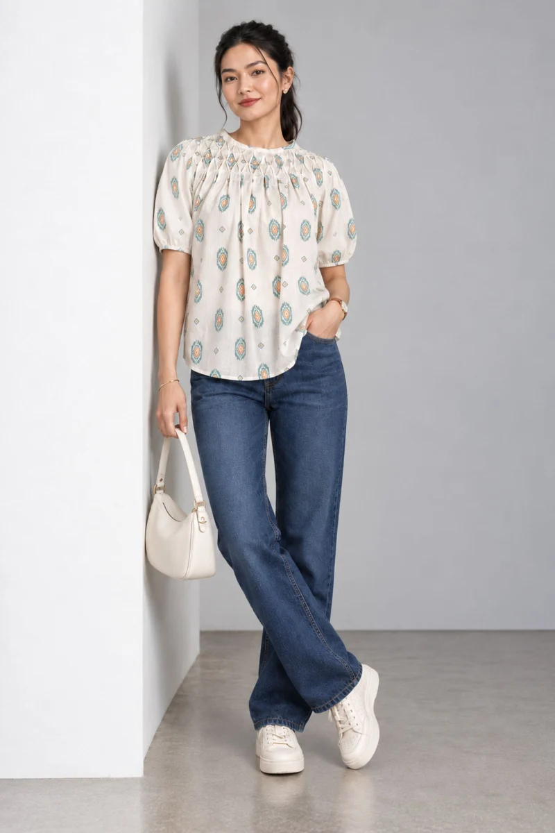 Lumea|Balloon Sleeve Smocked Top