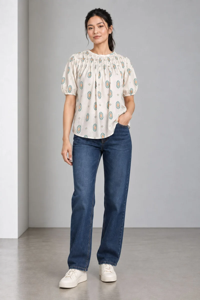 Lumea|Balloon Sleeve Smocked Top