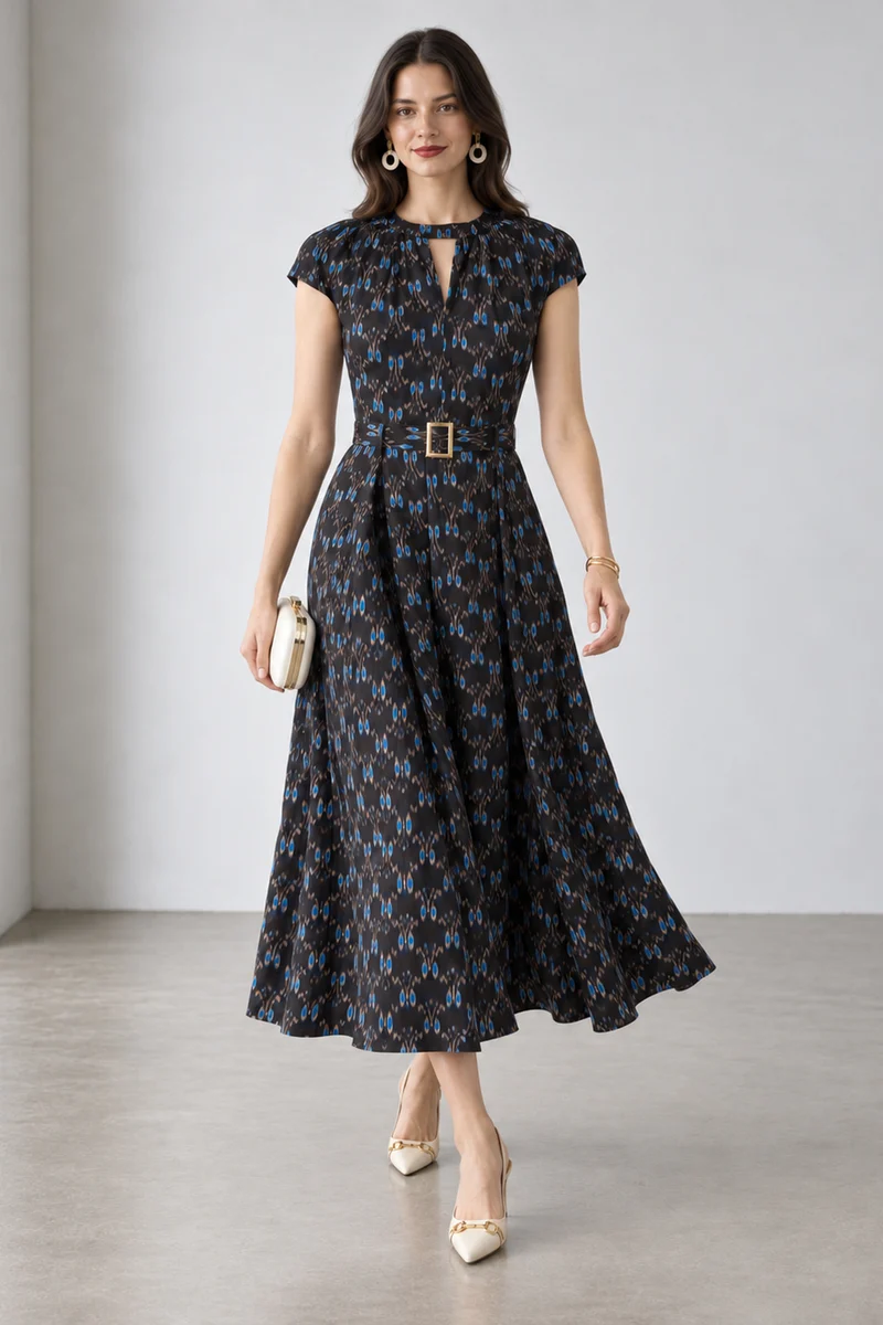 Kivra|Viscose Keyhole High Neck Midi Dress