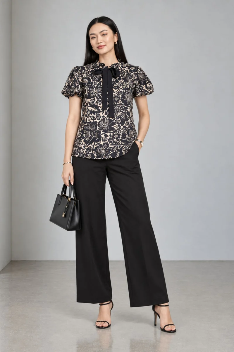 Cyrene|Viscose Ruffled Tieneck Bubble Sleeve Top