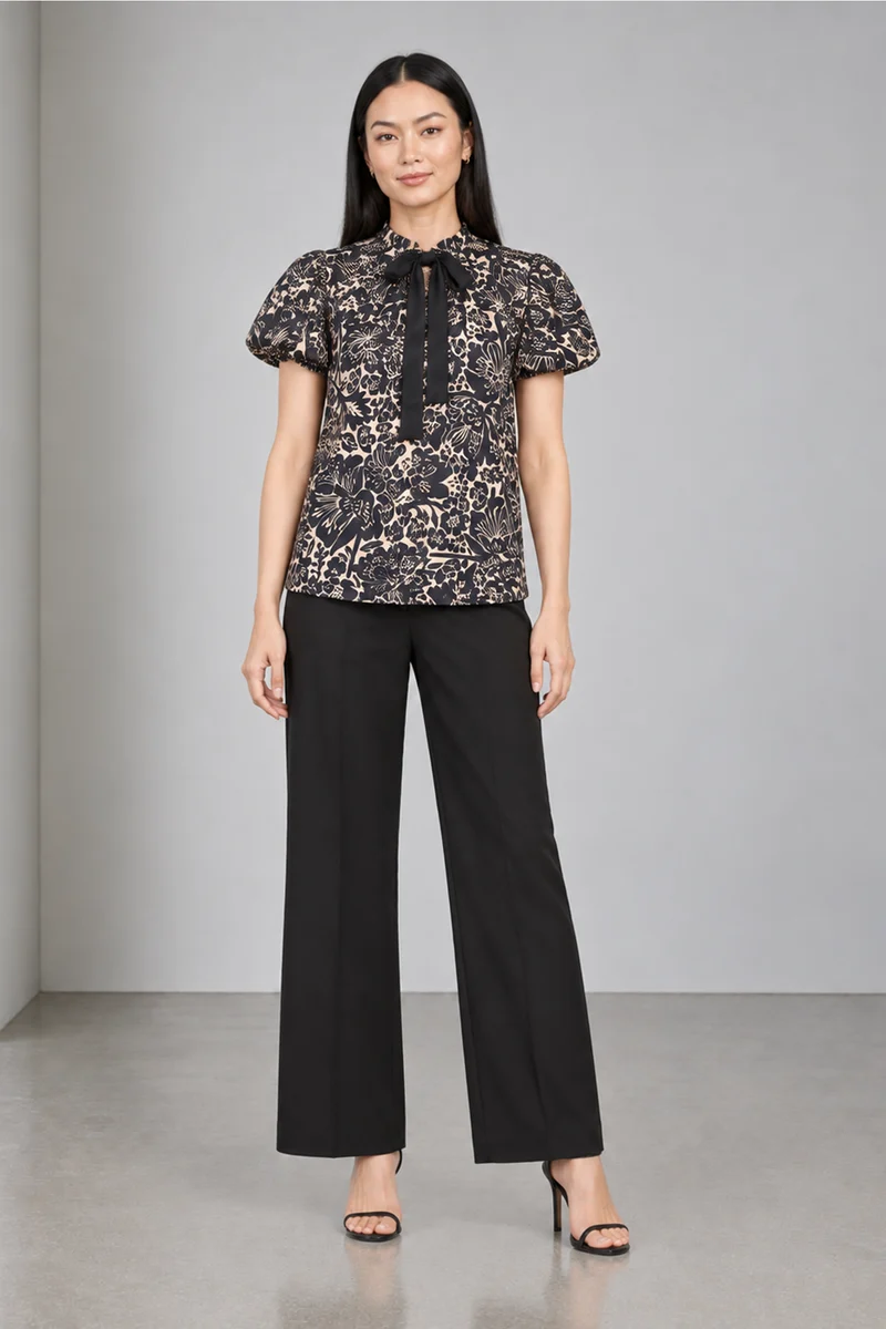 Cyrene|Viscose Ruffled Tieneck Bubble Sleeve Top