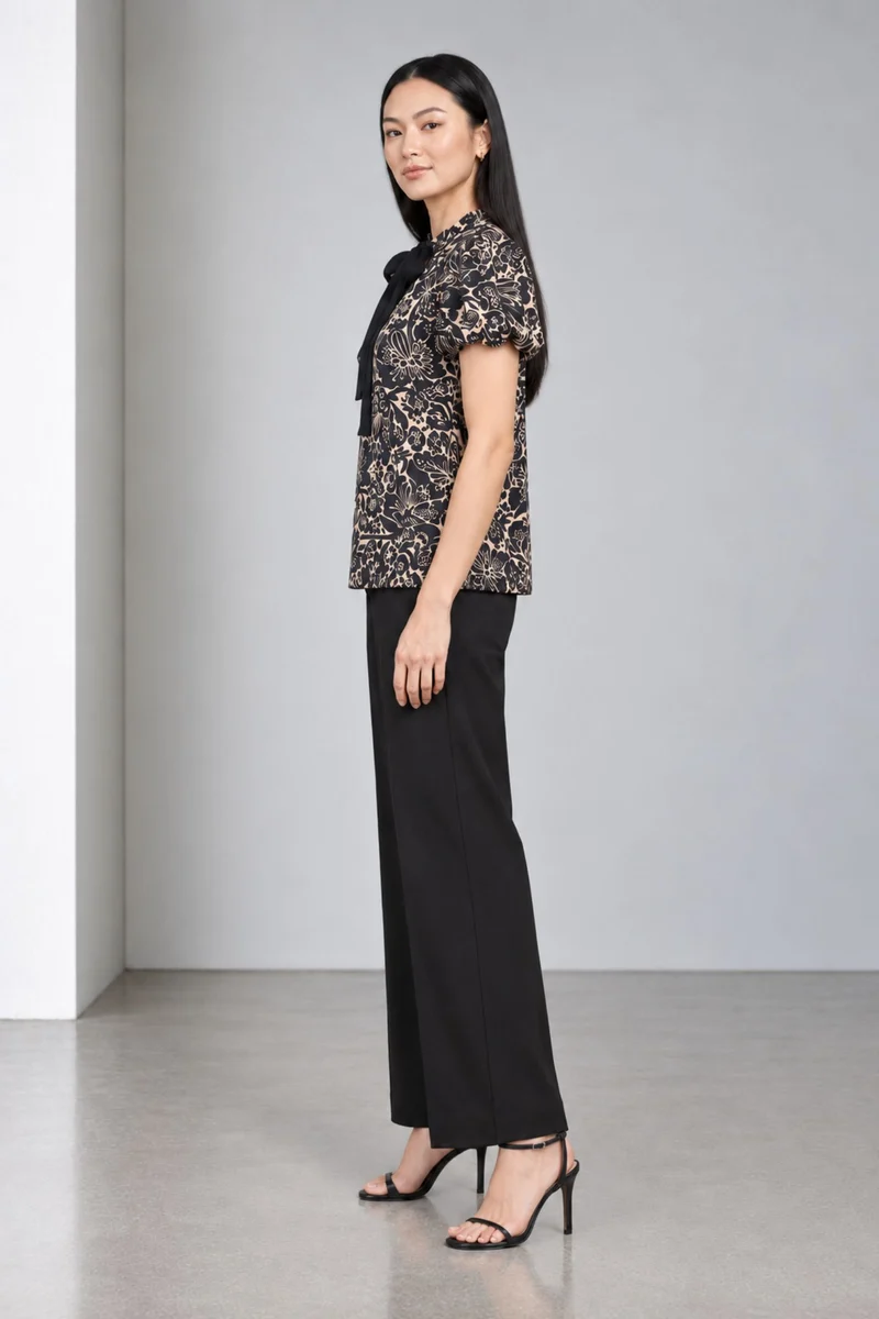 Cyrene|Viscose Ruffled Tieneck Bubble Sleeve Top