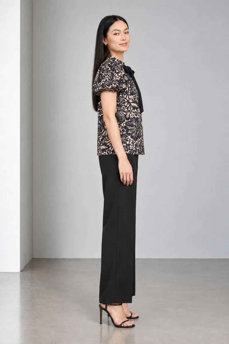 Cyrene|Viscose Ruffled Tieneck Bubble Sleeve Top