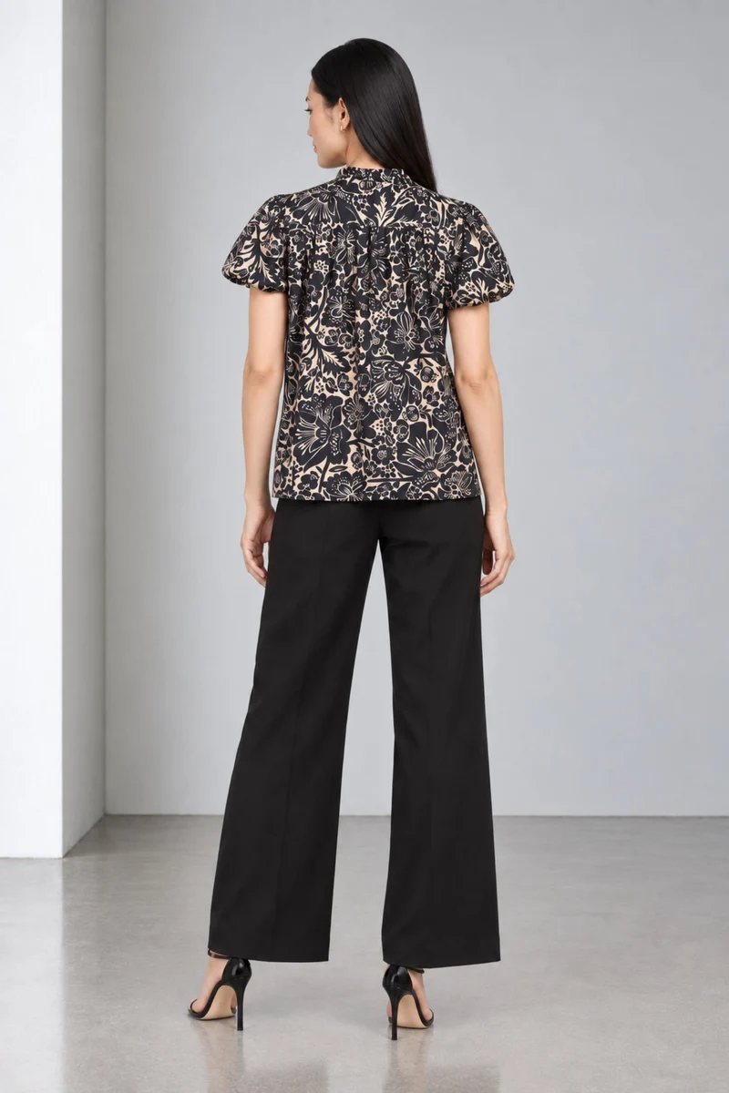 Cyrene|Viscose Ruffled Tieneck Bubble Sleeve Top
