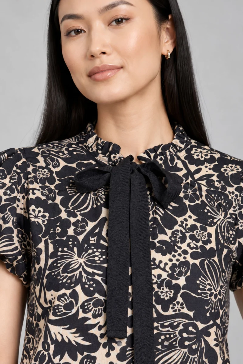 Cyrene|Viscose Ruffled Tieneck Bubble Sleeve Top