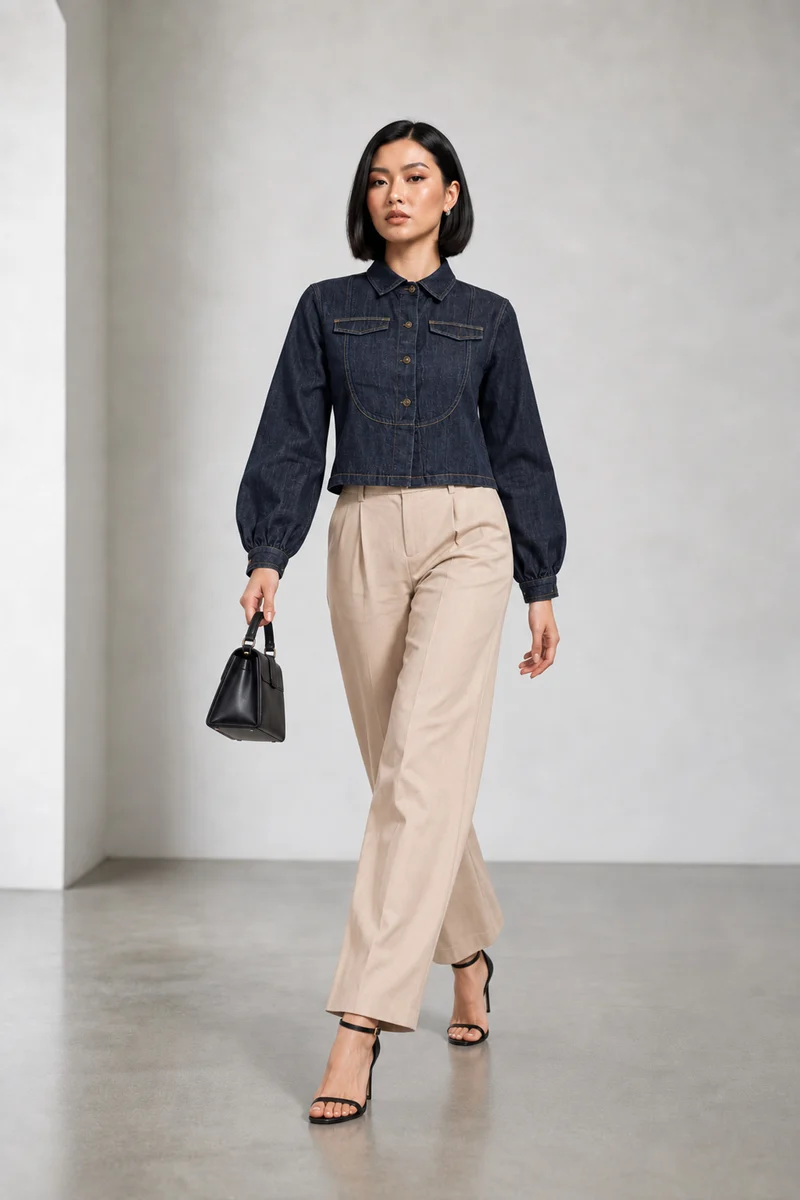 Nolyn|Cotton Denim Cropped Utility Shirt