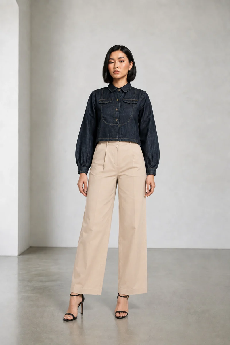 Nolyn|Cotton Denim Cropped Utility Shirt