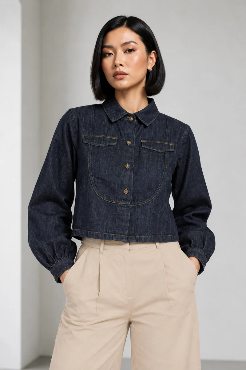 Nolyn|Cotton Denim Cropped Utility Shirt