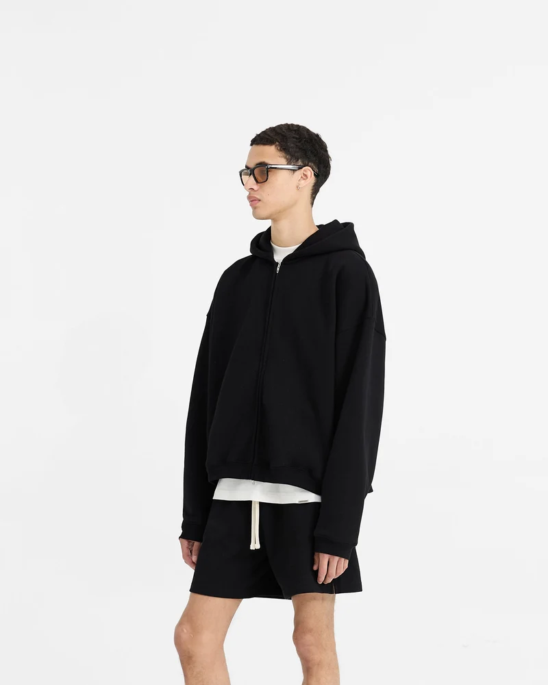 Initial Boxy Zip Through Hoodie - Jet Black