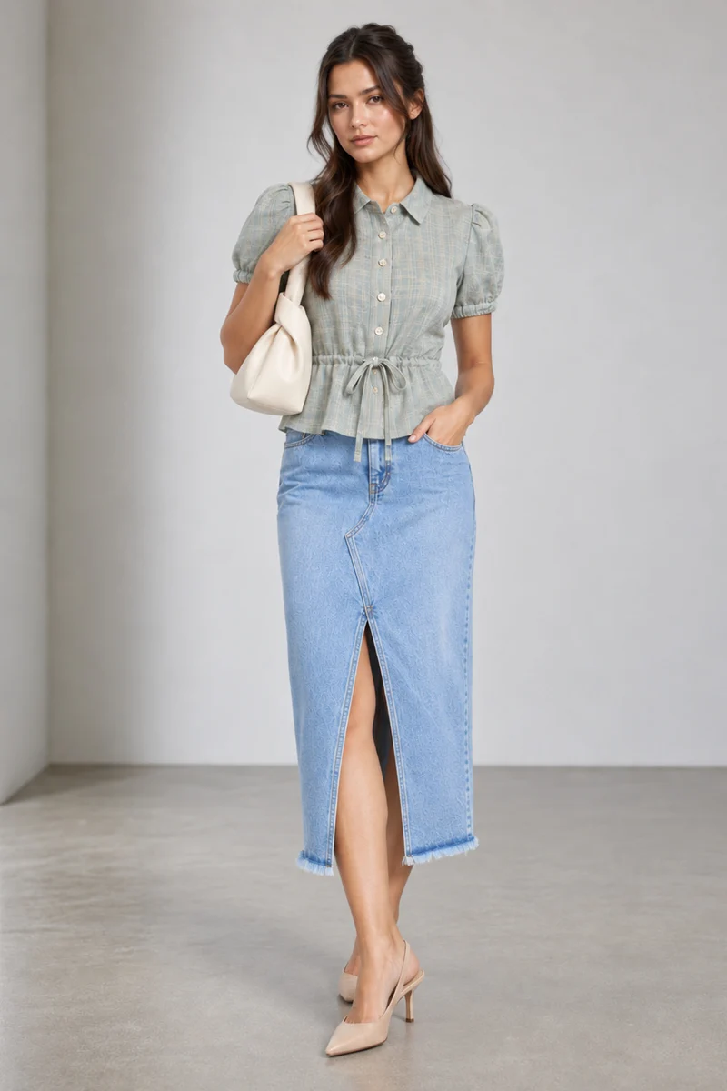 Vian|Cotton Waist Tieup Peplum Shirt