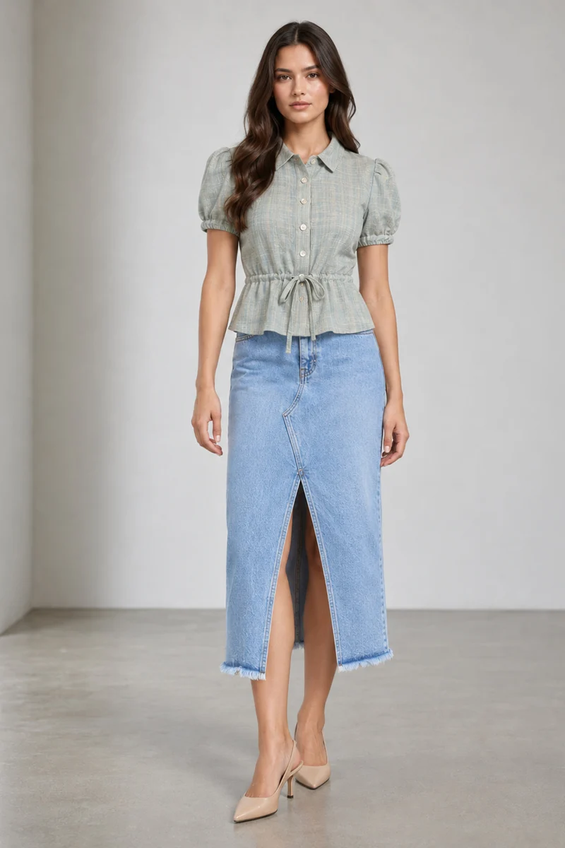 Vian|Cotton Waist Tieup Peplum Shirt
