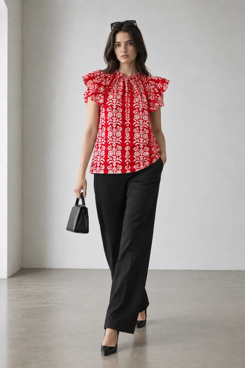 Livora|Floral Print V Neck Flutter Sleeve Cotton Top
