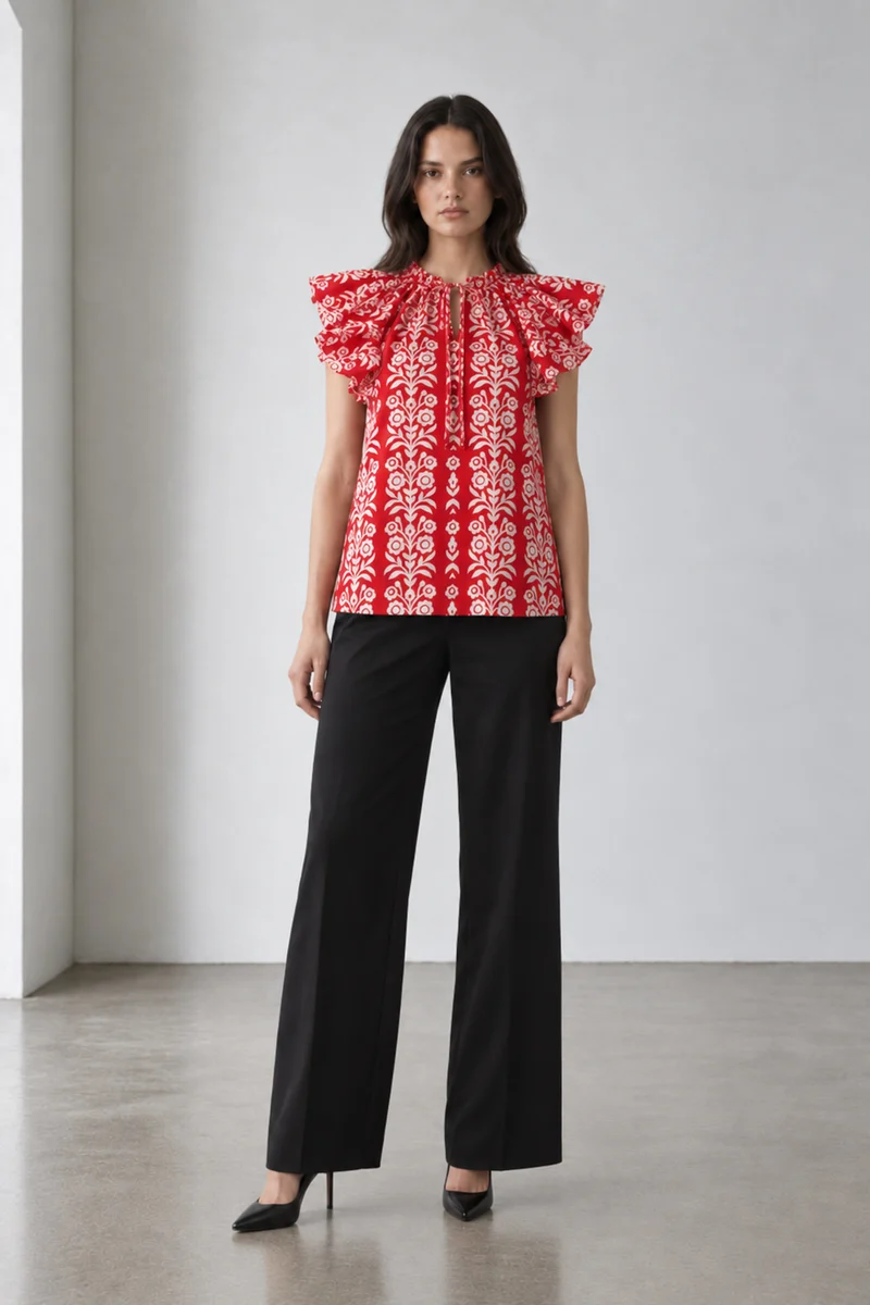 Livora|Floral Print V Neck Flutter Sleeve Cotton Top
