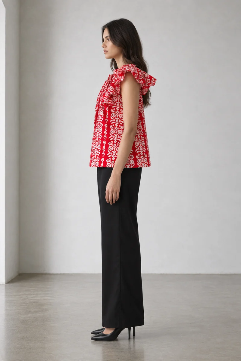 Livora|Floral Print V Neck Flutter Sleeve Cotton Top