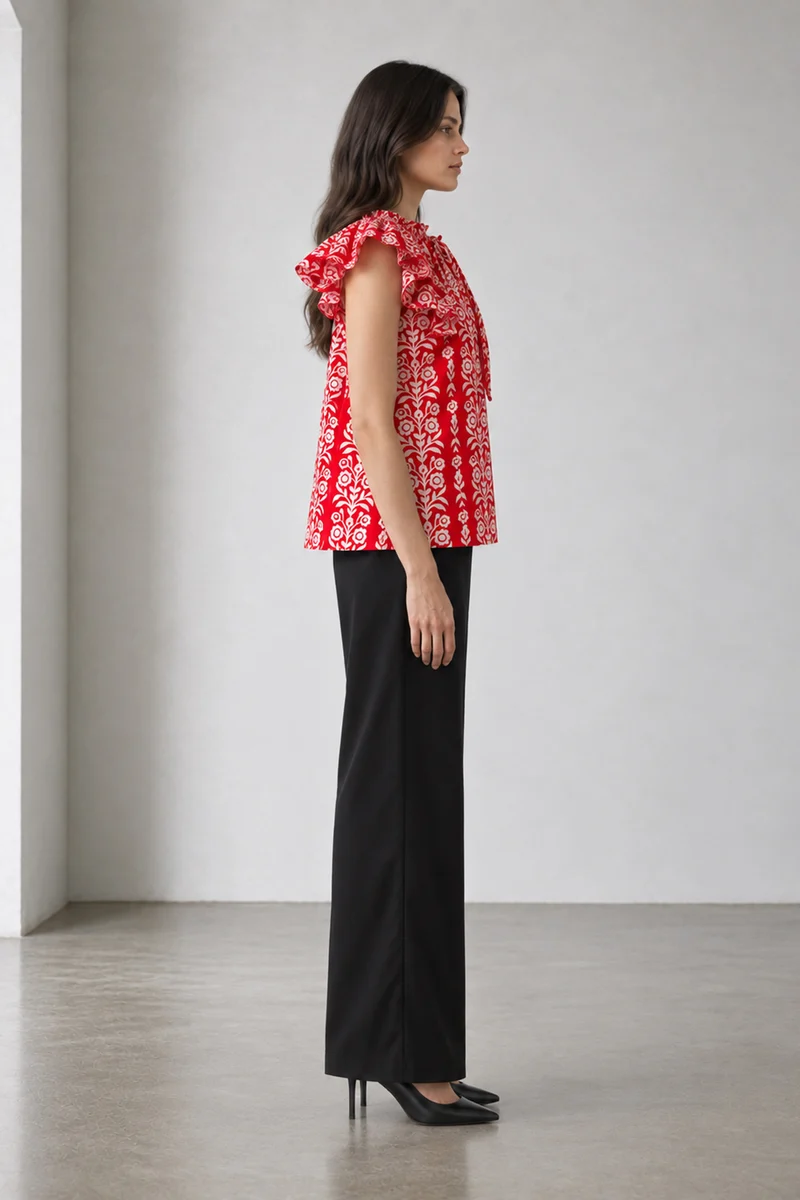 Livora|Floral Print V Neck Flutter Sleeve Cotton Top