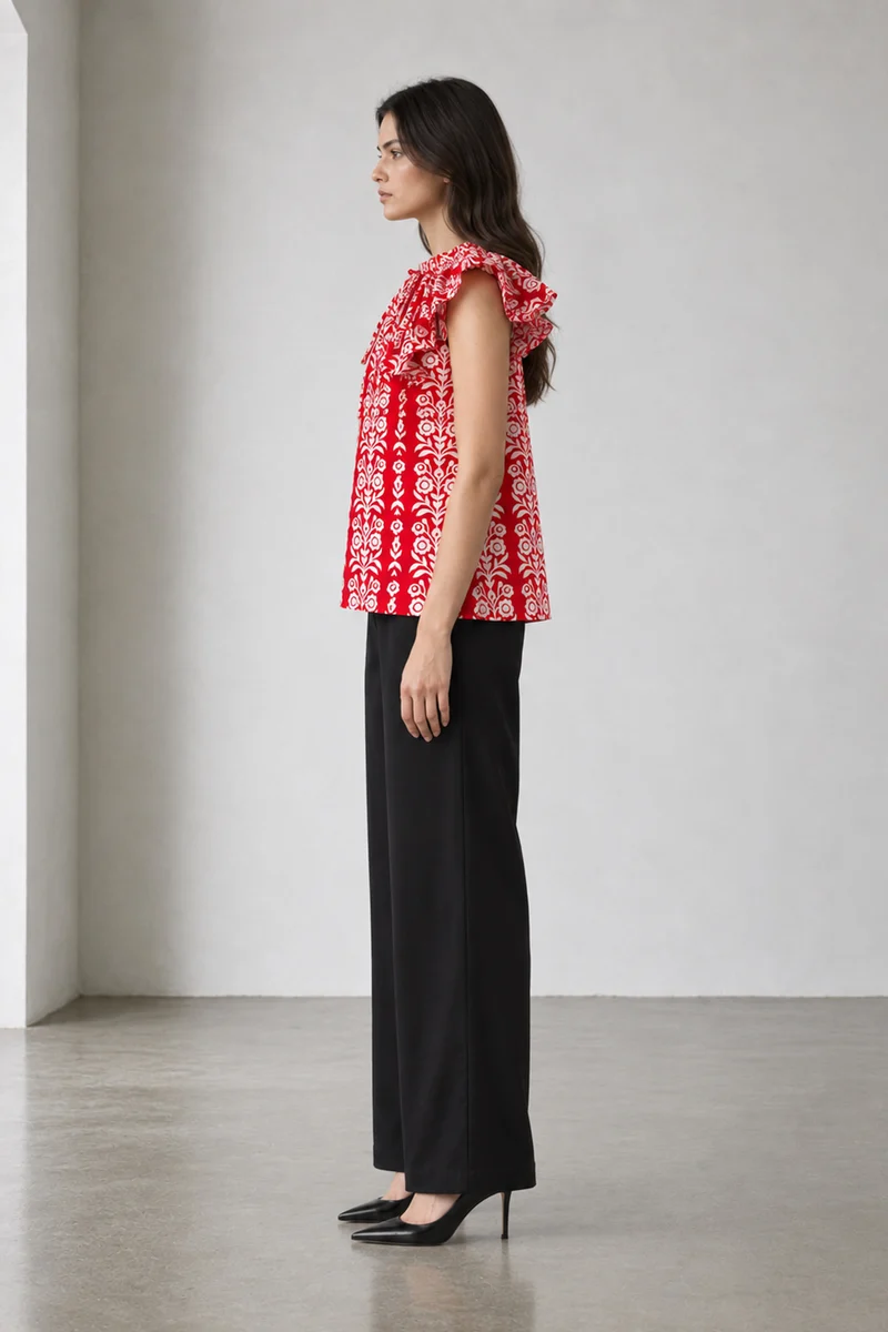 Livora|Floral Print V Neck Flutter Sleeve Cotton Top