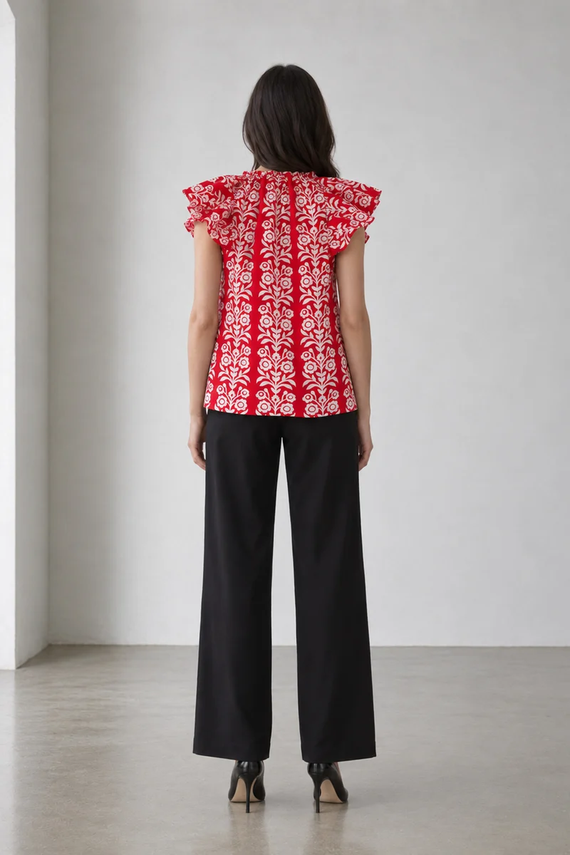 Livora|Floral Print V Neck Flutter Sleeve Cotton Top