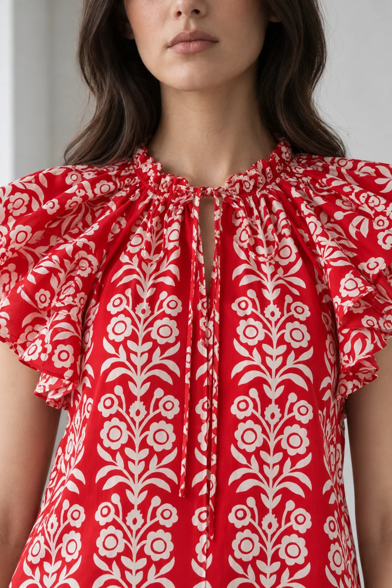 Livora|Floral Print V Neck Flutter Sleeve Cotton Top