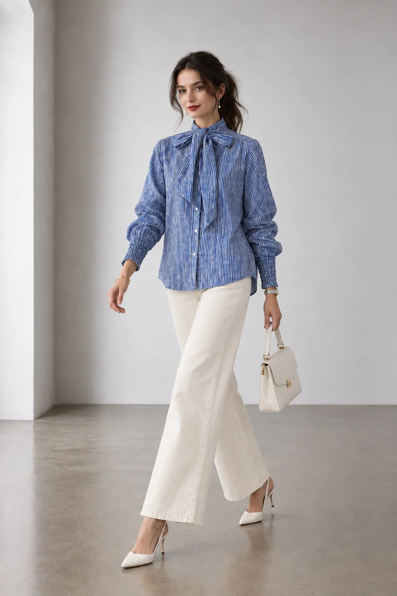 Savin|Cotton Striped Ruffle Tieneck Top