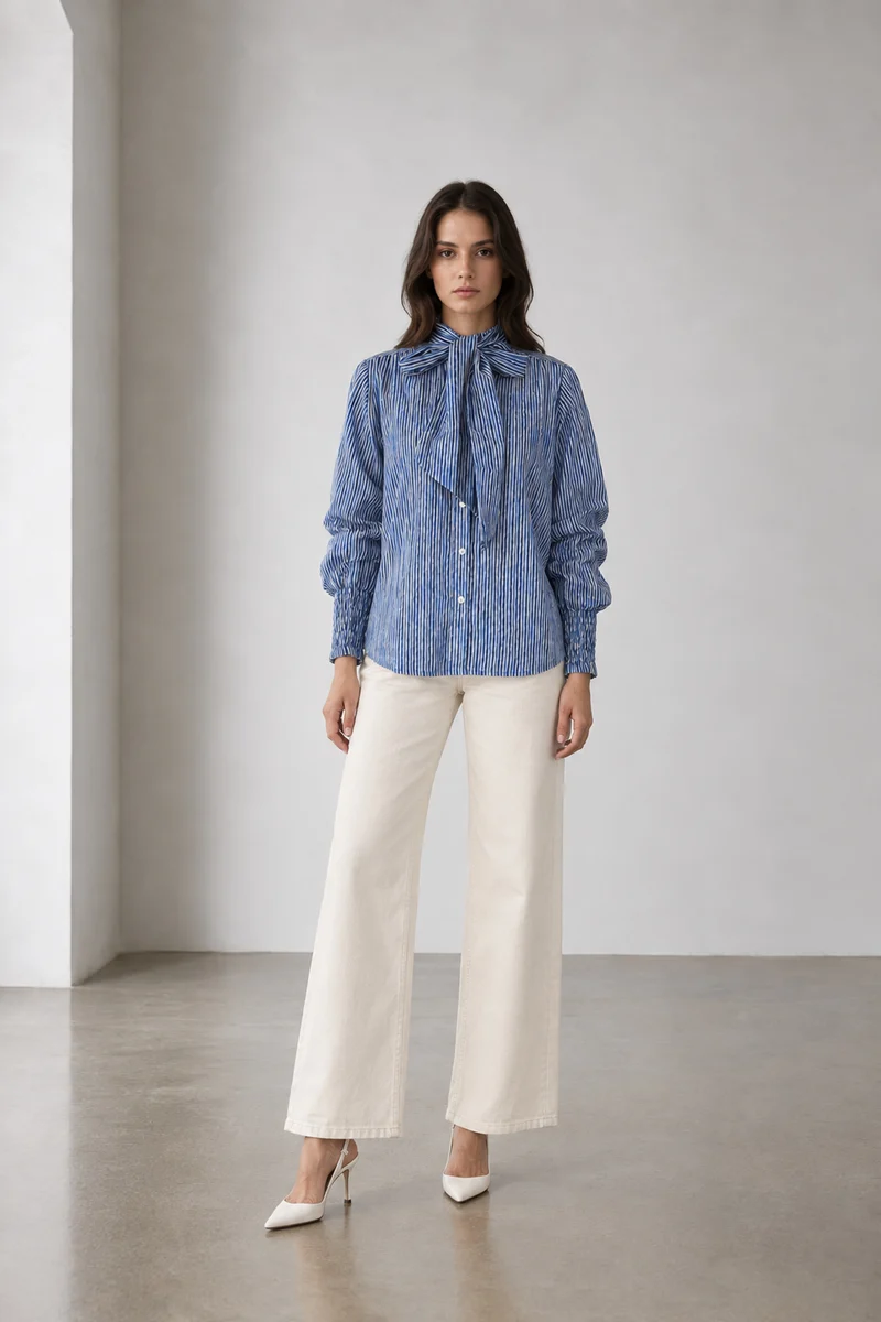 Savin|Cotton Striped Ruffle Tieneck Top