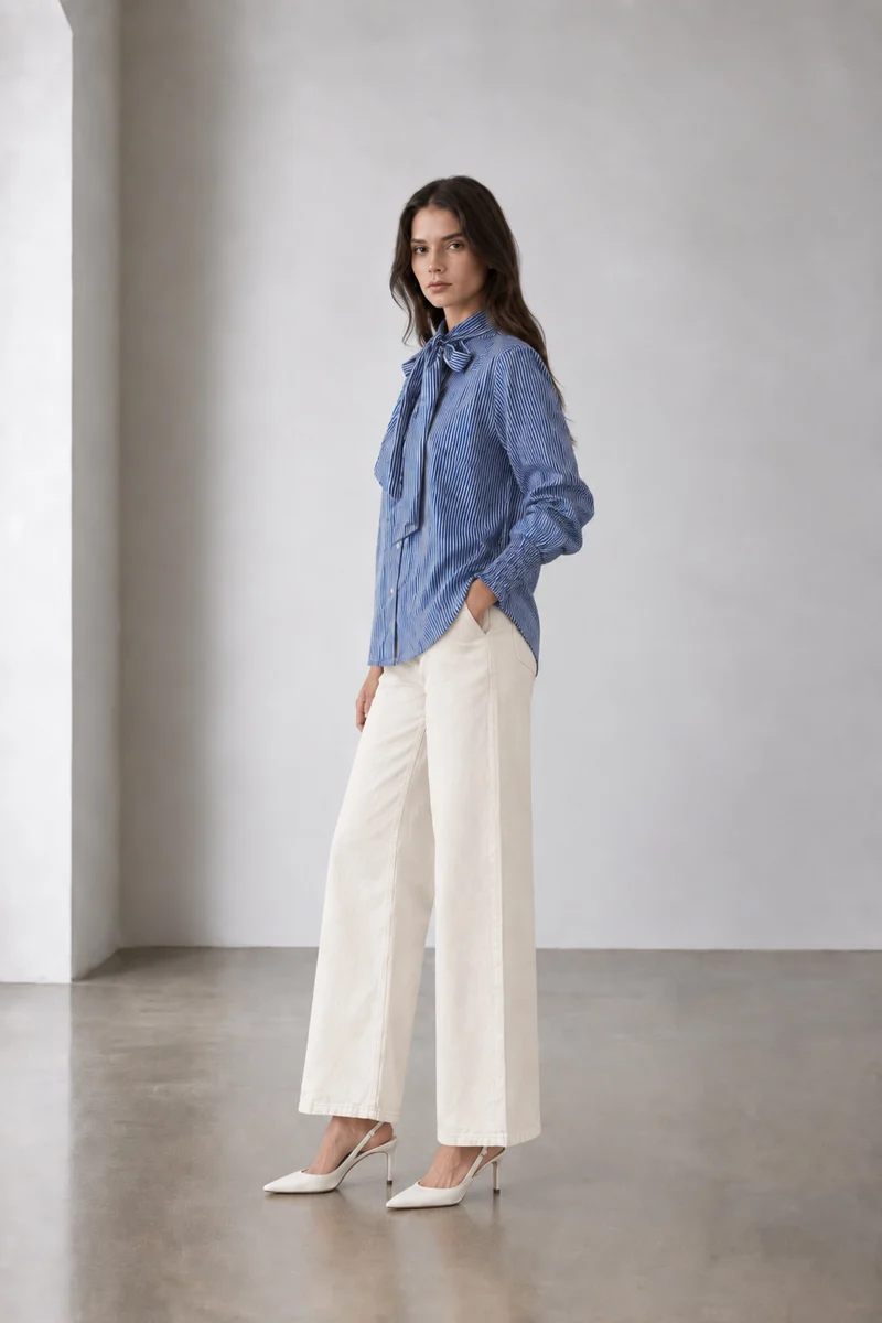 Savin|Cotton Striped Ruffle Tieneck Top