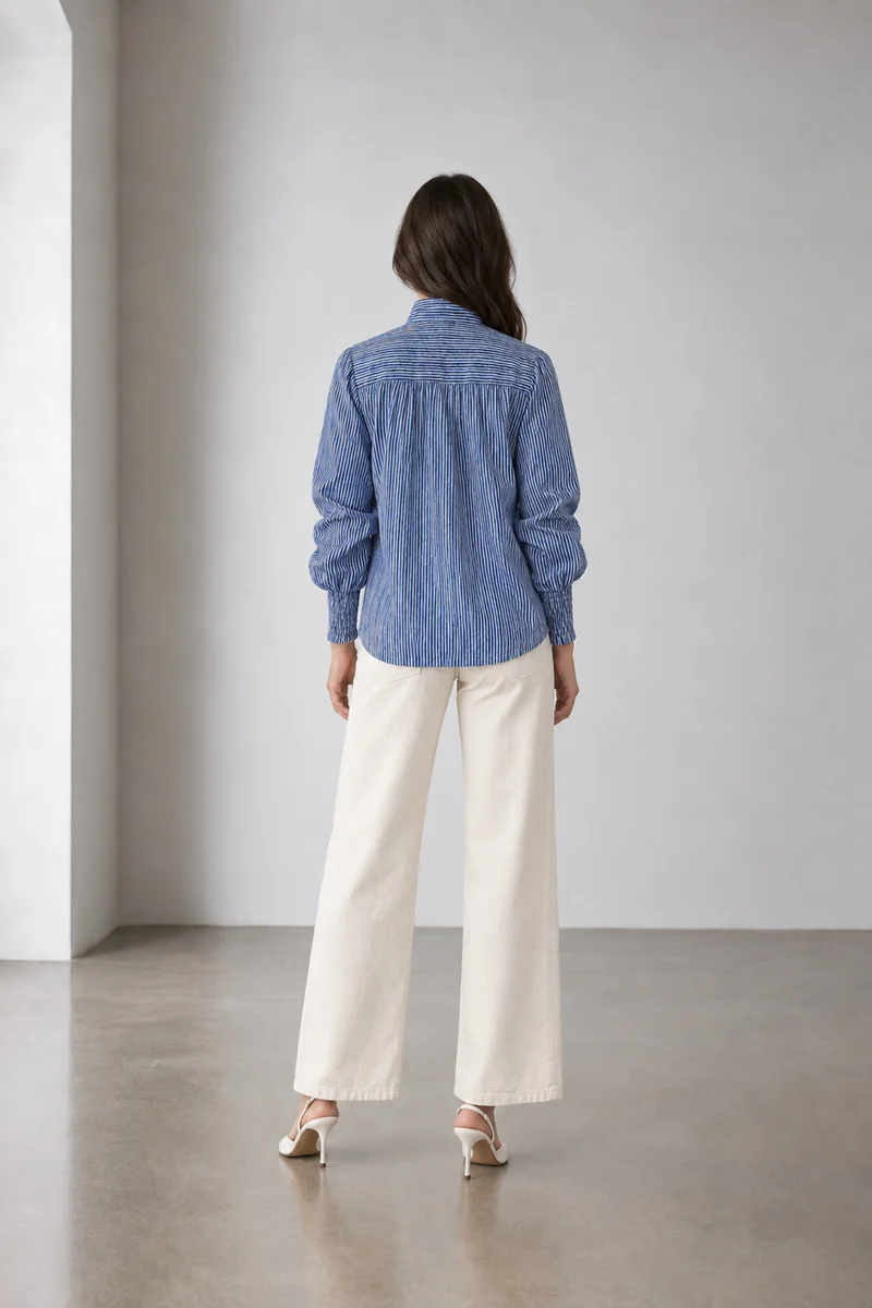 Savin|Cotton Striped Ruffle Tieneck Top
