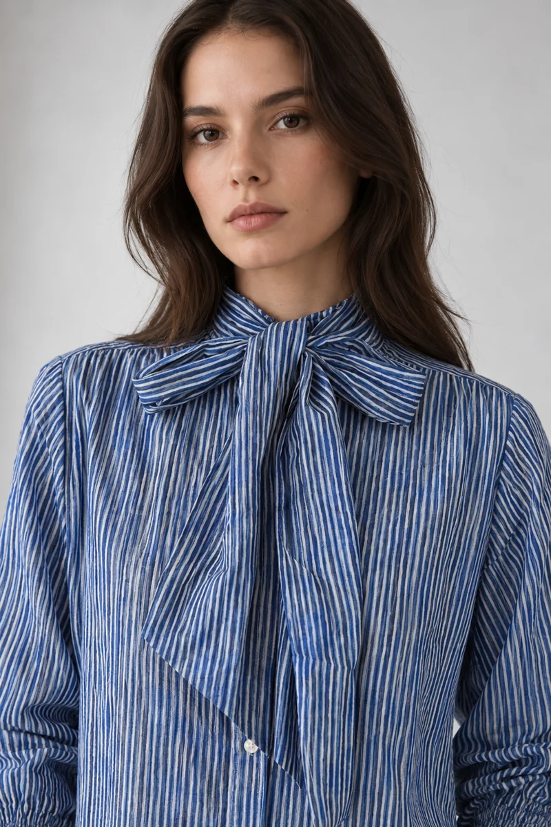 Savin|Cotton Striped Ruffle Tieneck Top