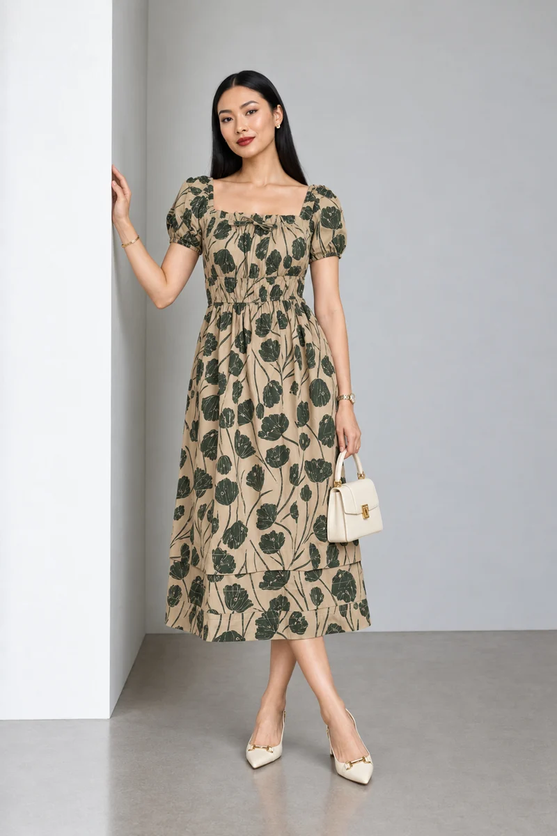 Linara|Cotton Printed Square Neck Midi Dress
