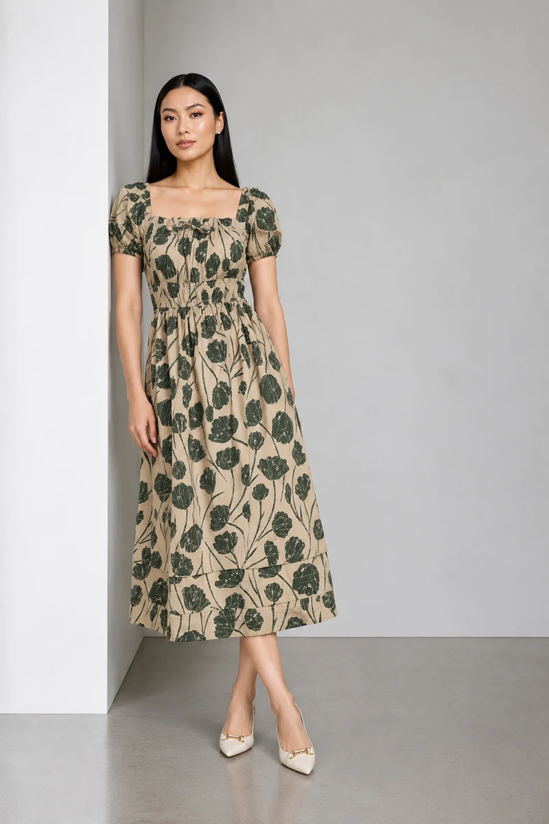 Linara|Cotton Printed Square Neck Midi Dress