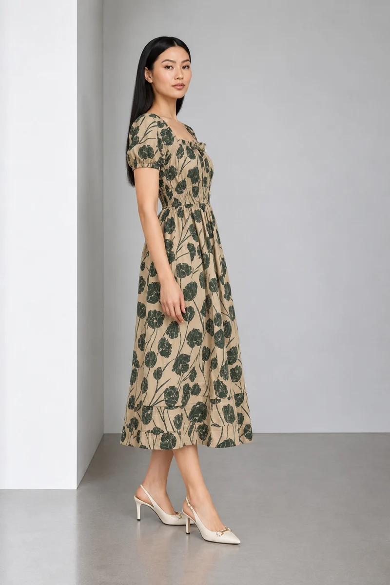 Linara|Cotton Printed Square Neck Midi Dress