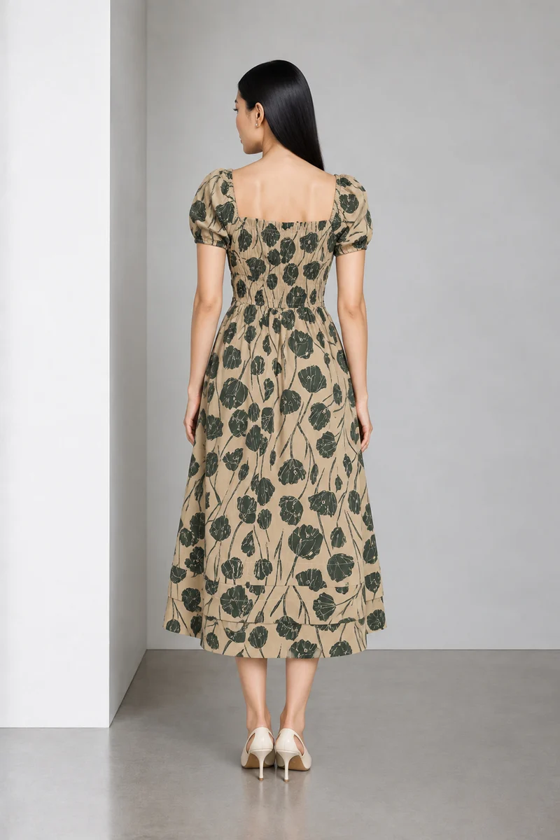 Linara|Cotton Printed Square Neck Midi Dress