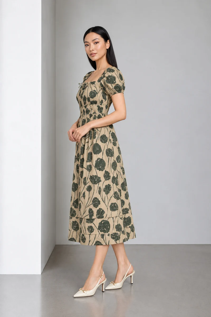 Linara|Cotton Printed Square Neck Midi Dress