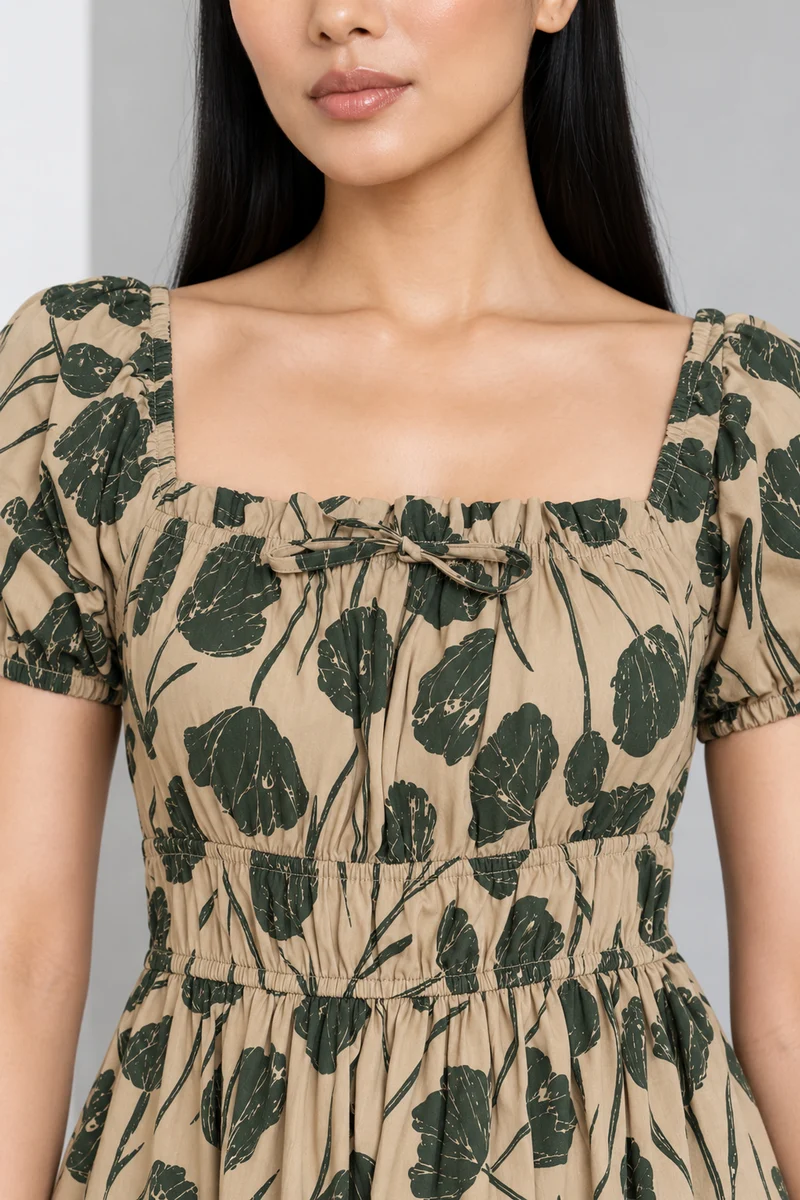 Linara|Cotton Printed Square Neck Midi Dress