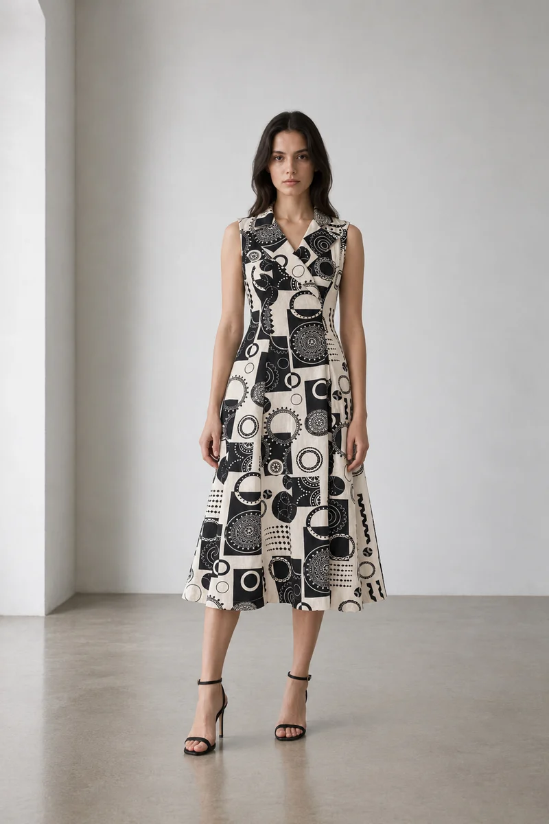 Camber|Cotton Lapel Collar Wrap Midi Dress