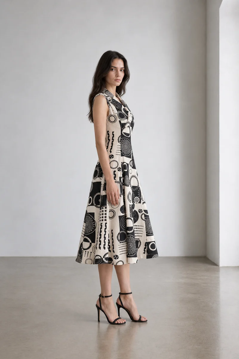 Camber|Cotton Lapel Collar Wrap Midi Dress