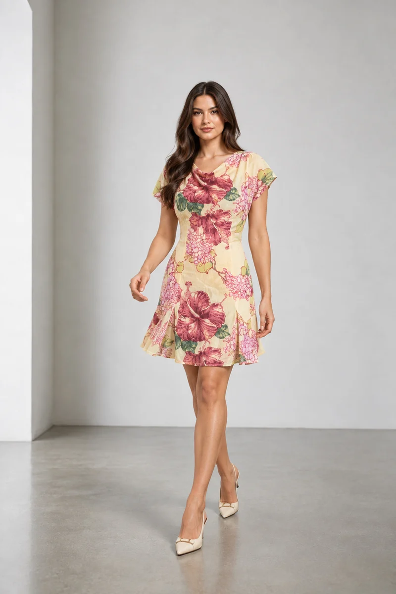 Nayeli|Floral Print Cowl Neck Mini Dress