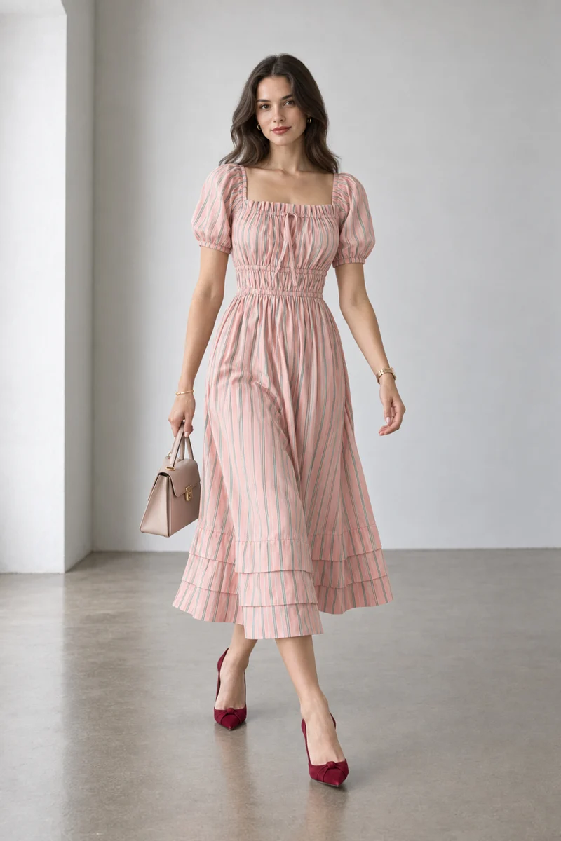 Zella|Cotton Stripped Square Neck Midi Dress