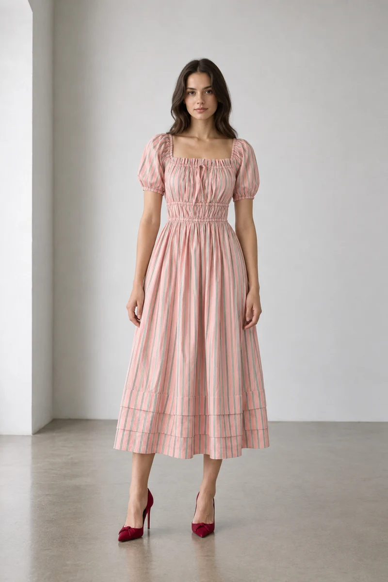 Zella|Cotton Stripped Square Neck Midi Dress
