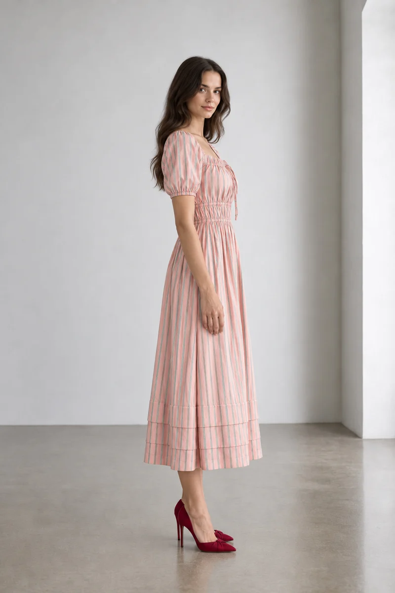Zella|Cotton Stripped Square Neck Midi Dress