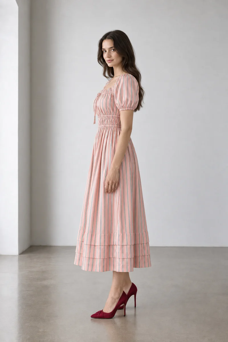 Zella|Cotton Stripped Square Neck Midi Dress