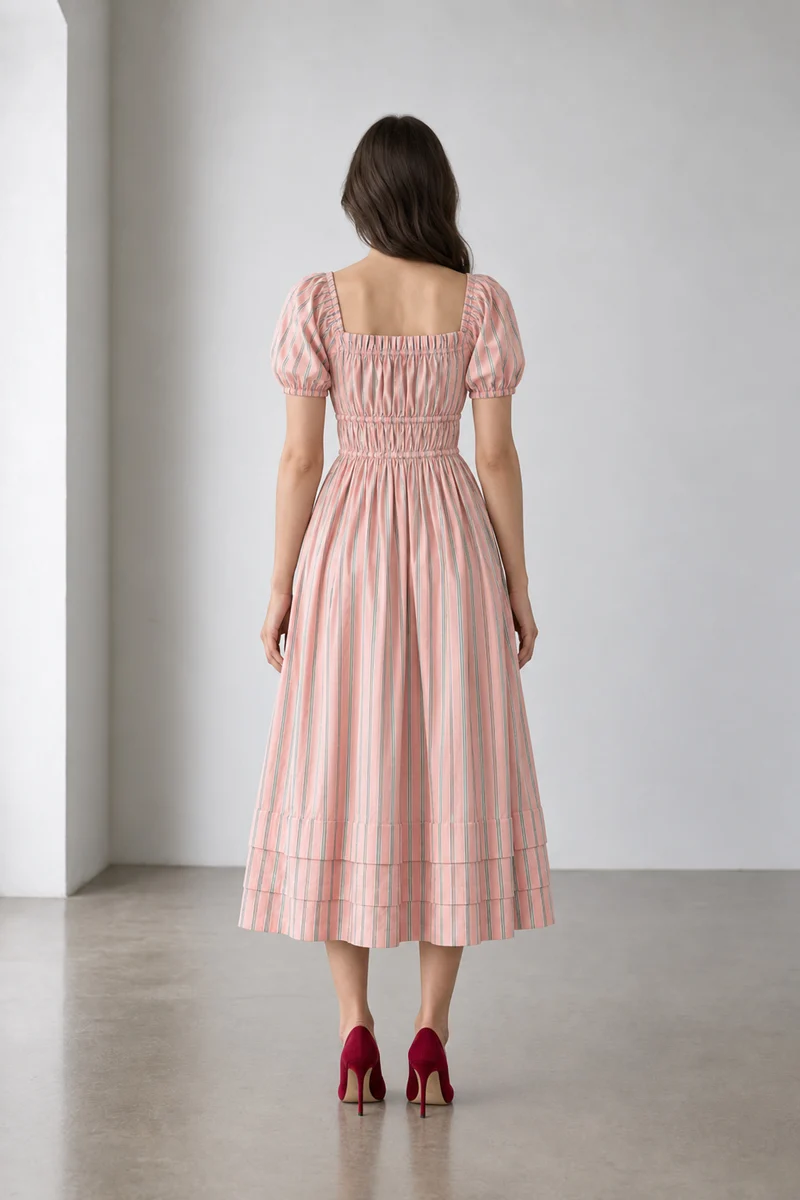 Zella|Cotton Stripped Square Neck Midi Dress