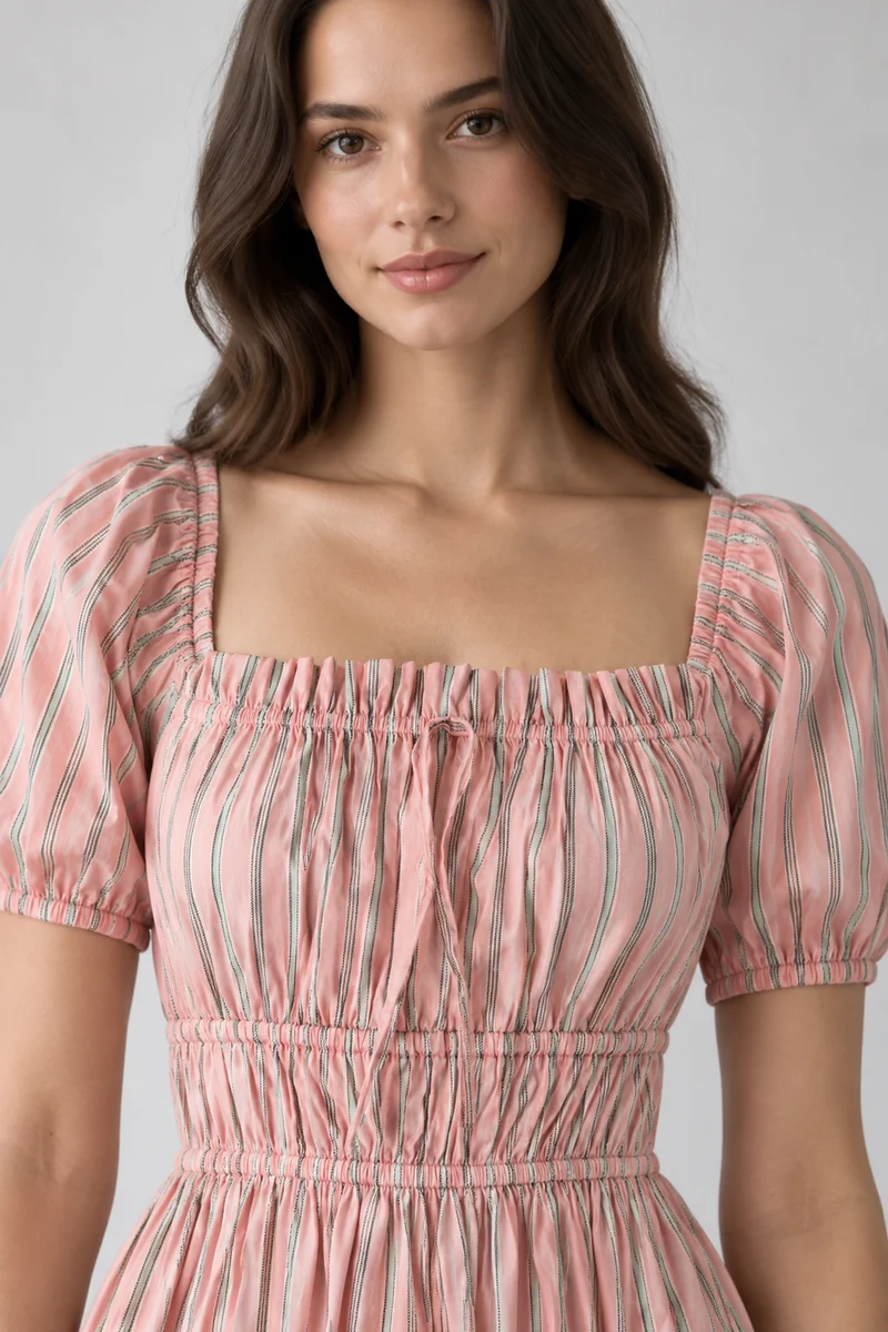 Zella|Cotton Stripped Square Neck Midi Dress