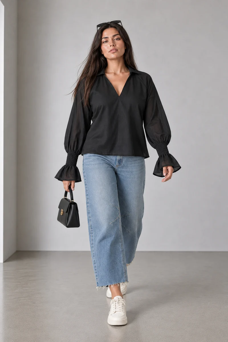 Zarel|V Neck Ruffle Hem Cropped Blouse In Black