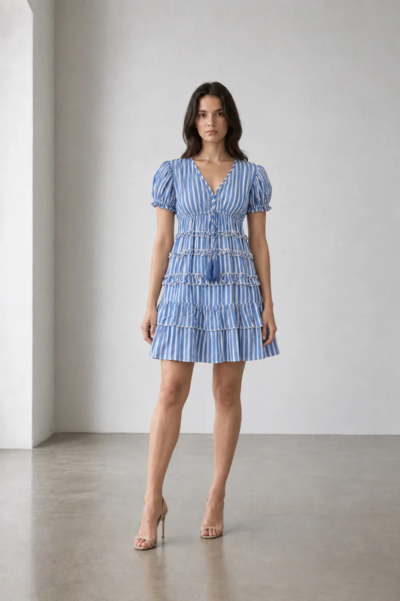 Esmi|Cotton Striped Tiered Tie Waist Dress