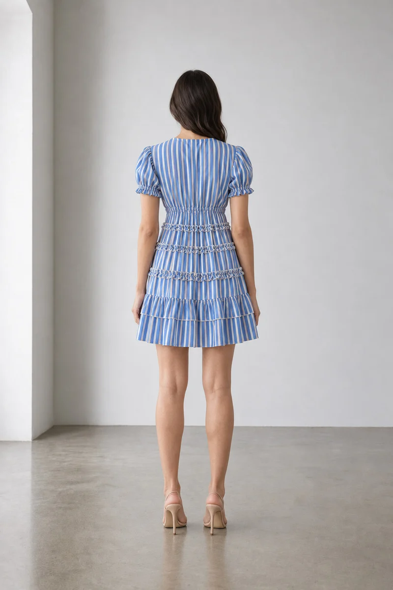 Esmi|Cotton Striped Tiered Tie Waist Dress